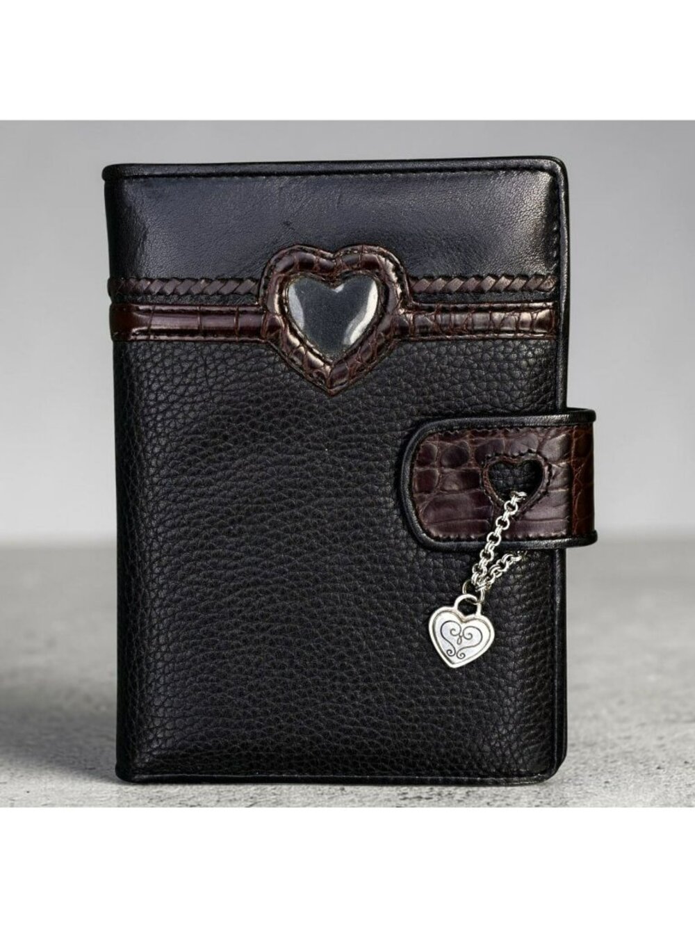 Vintage Brighton Leather Photo Album Black Brown Silver Heart Charm Picture Book